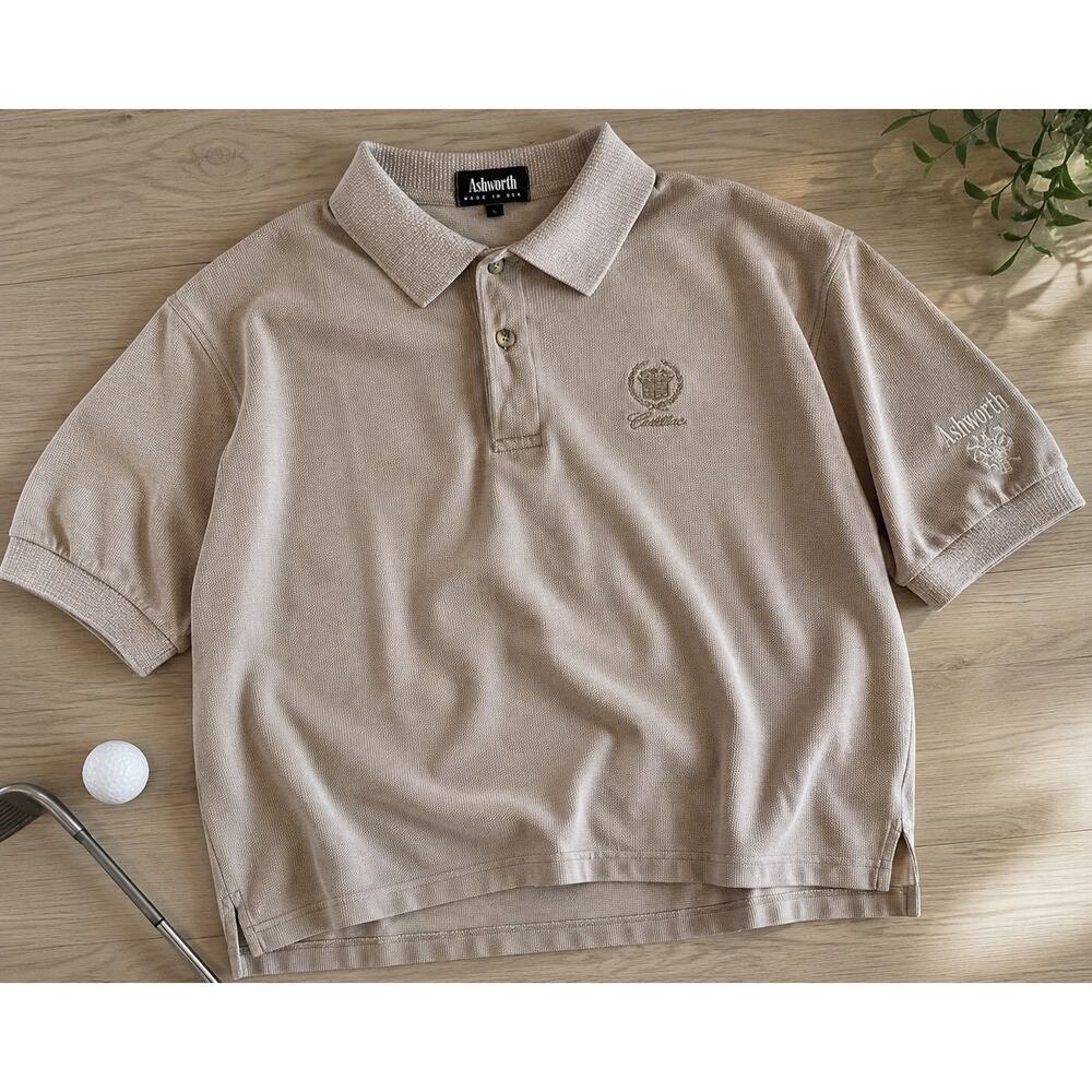 Vintage 90s Ashworth Cadillac Golf Polo Shirt Made in USA Beige Textured Knit L